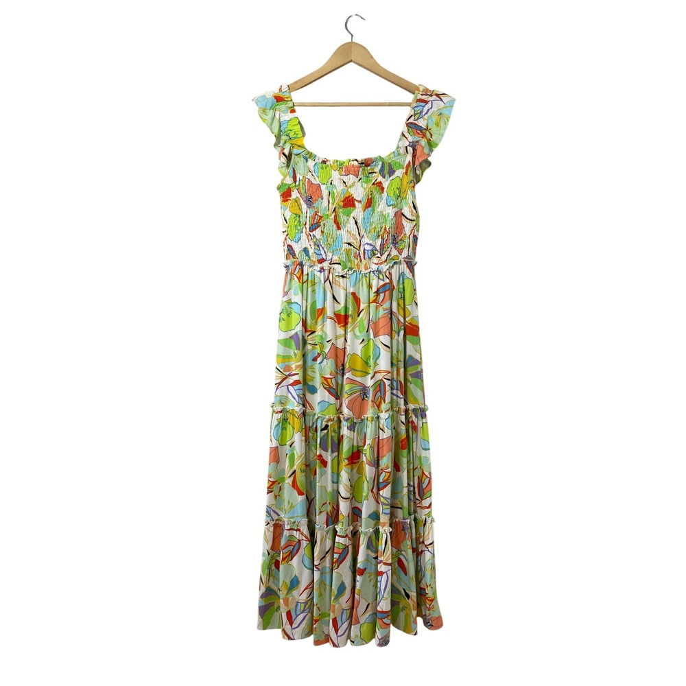 KARLIE Women's L Smocked Ruffle Maxi Dress Floral Print Lightweight Resortwear